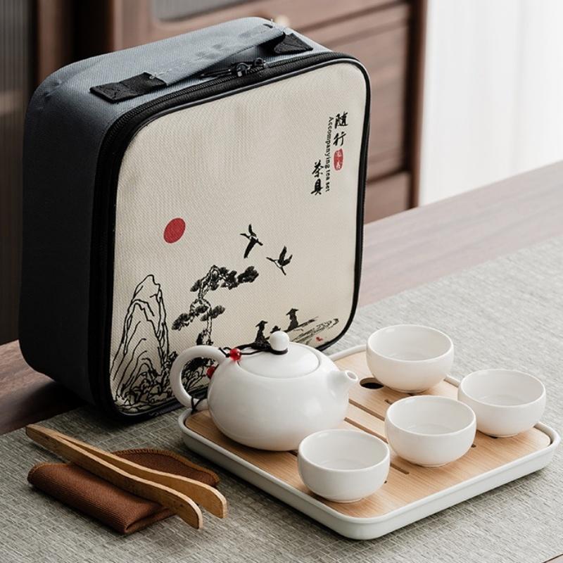 1Set, Chinese Tea Travel Tea Set Kung Fu Tea Set Ceramic Portable Teapot Teaset Gaiwan Tea Cups of Tea Ceremony Tea Tool