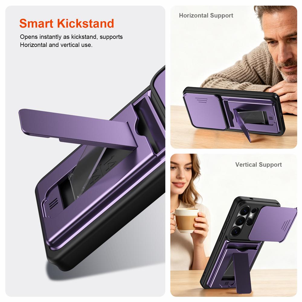 KEYSION Card Holder Bag Phone Case for Samsung S26 Ultra 5G Slide Camera Protection Kickstand Shockproof Cover for Galaxy S26+5G