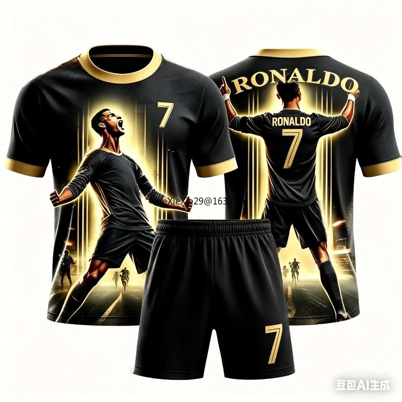 Summer Children's Adult Set Parent Child 3D Short Sleeved Shorts Football Shirt AI #7 Ronaldo Printed Boys' and Girls Sportswear