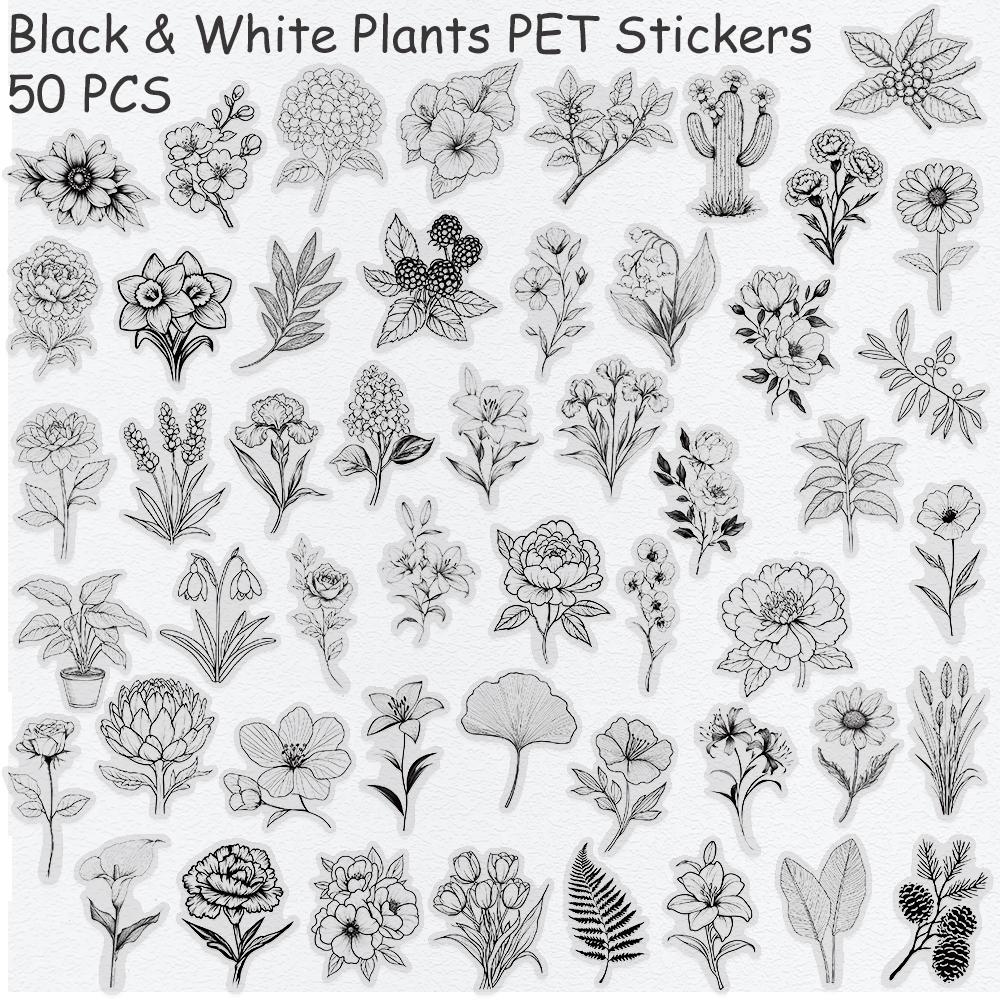 

50 шт. Черно-белые растения Прозрачные ПЭТ наклейки Декали Для телефона Ноутбука Чемодана DIY Эстетичные наклейки Детские Креативные подарки