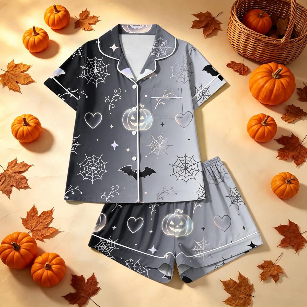 Women's Halloween Printed Pajama Two-Piece Set - Comfortable Sleepwear for Home & Sleep