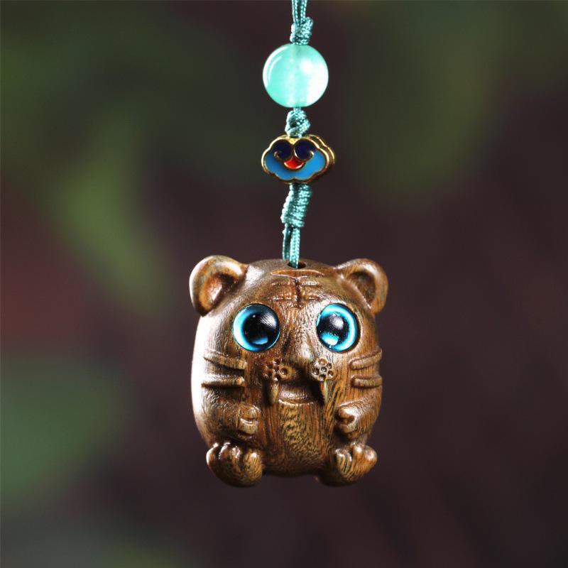 Red and Green Sandalwood Tiger Pendant Phone Charm - First Birthday Gift