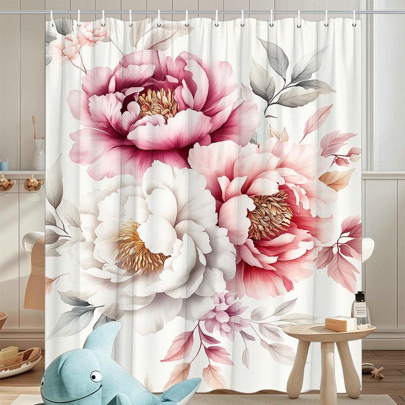 1 Piece Of Elegant White And Pink Peony Shower Curtain, Polyester Fabric, Machine Washable, Suitable For Bathroom Decoration