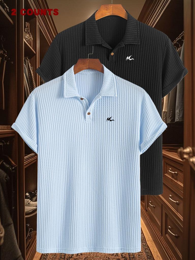 2pcs Men's Work Shirts with Print Textured Jacquard Short Sleeve Golf Polo Shirts Casual Comfortable Soft Knit Lapel Collar for Daily Business Wear