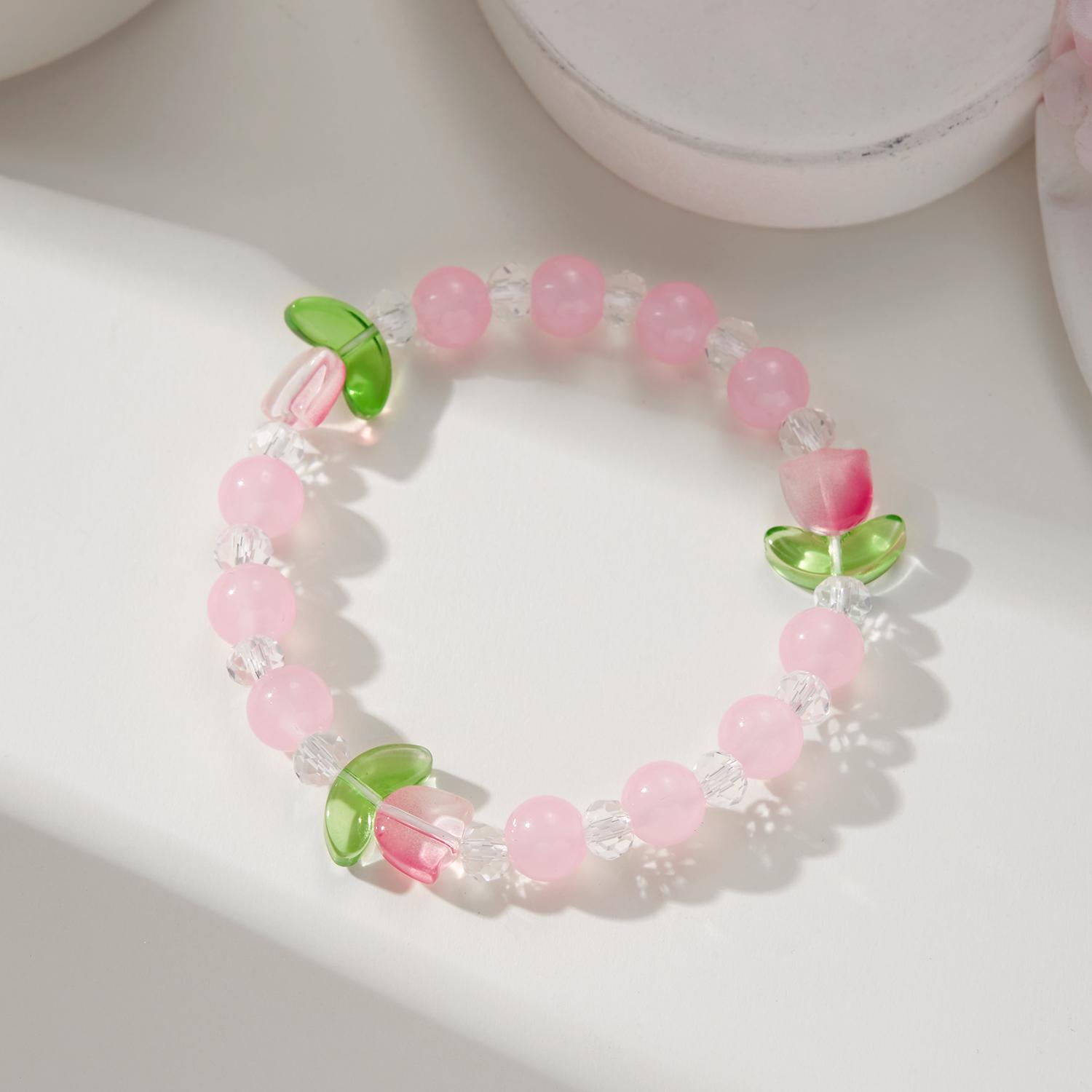 Zoete Tulp Armband voor Vrouwen Elegante Snoepkleurige Kralen Elastisch Koord Bloemen Armbanden Meisjes Feest Sieraden Cadeau roze