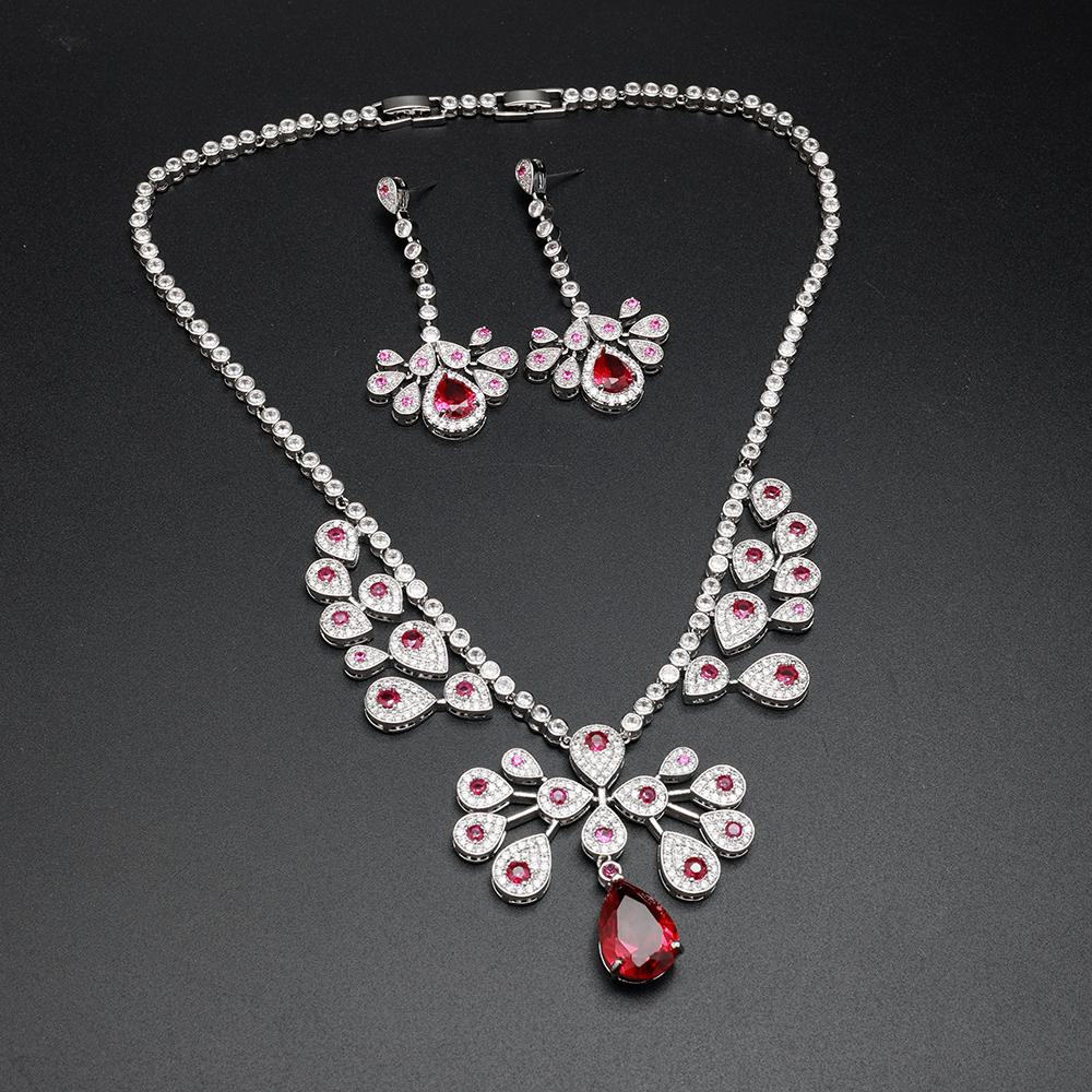 Luxury Red Zircon Necklace Earring Set for Women Elegant Water Drop Design Crystal Jewelry Party Wedding Evening Accessories