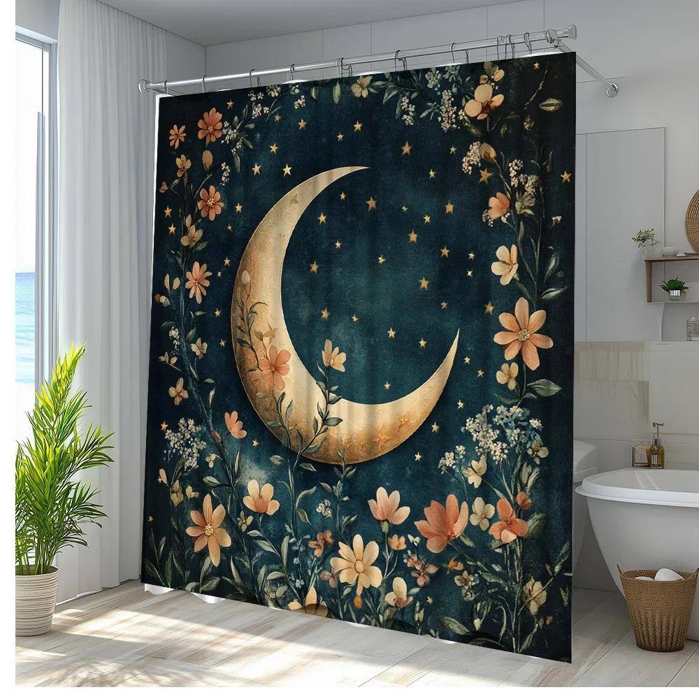 ~O~1pc Dreamy Moon Floral Shower Curtain - Enchanting Night Sky Design with Crescent Moon, Stars & Vibrant Flowers on Dark Teal, W90xH180cm