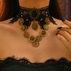 Vintage style dark red rose long fringed necklace goth black lace collarbone chain collar