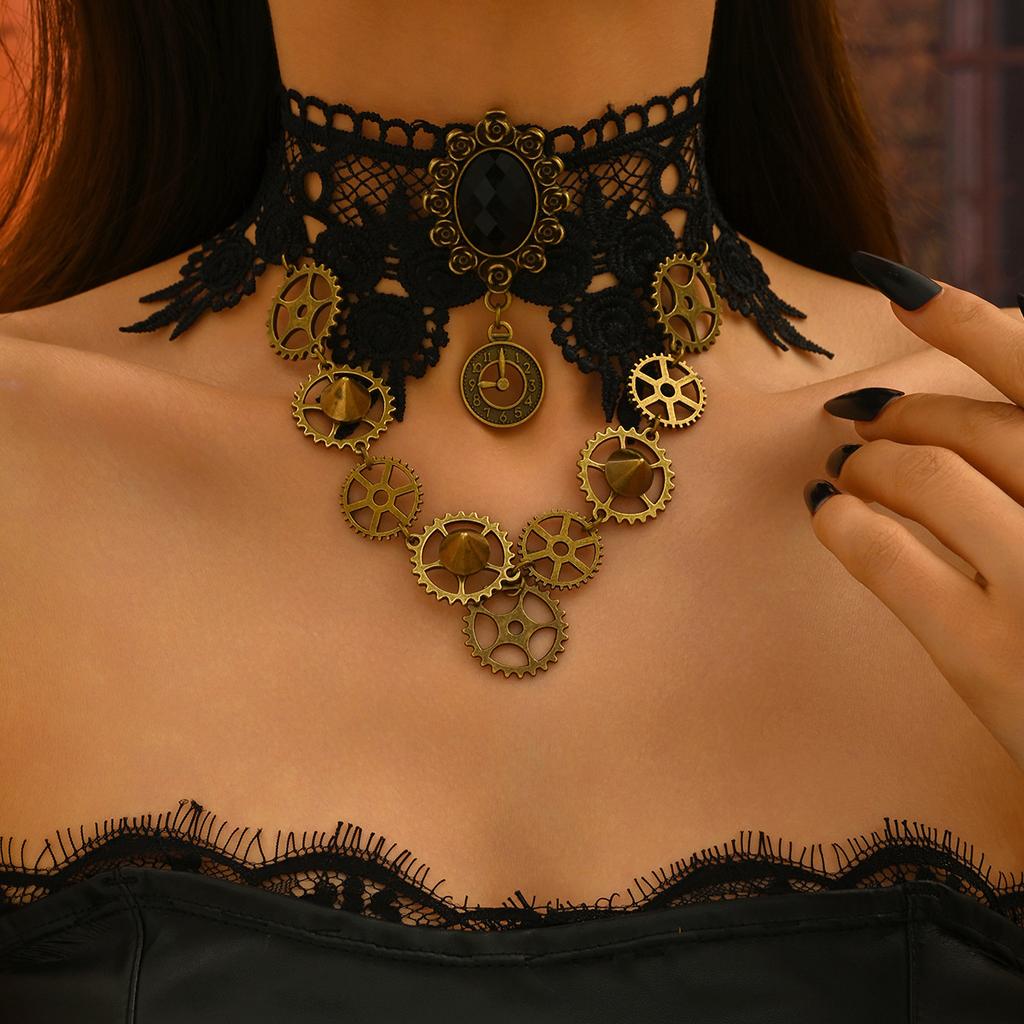 Vintage style dark red rose long fringed necklace goth black lace collarbone chain collar