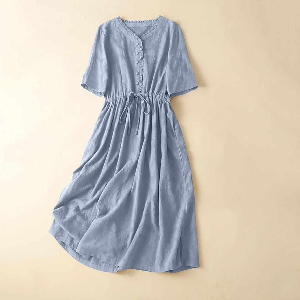 Women's Summer Forest Retro Literary Cotton And Linen Solid Color Dress