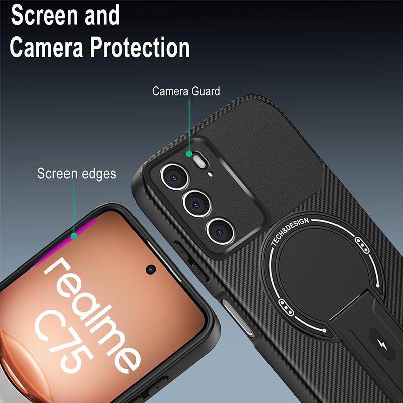 For Realme C75 Carbon Fiber Magnetic Soft Silicone Case For Realme C75 Kickstand Heavy Duty Drop Protection Cover C75 4G Cases