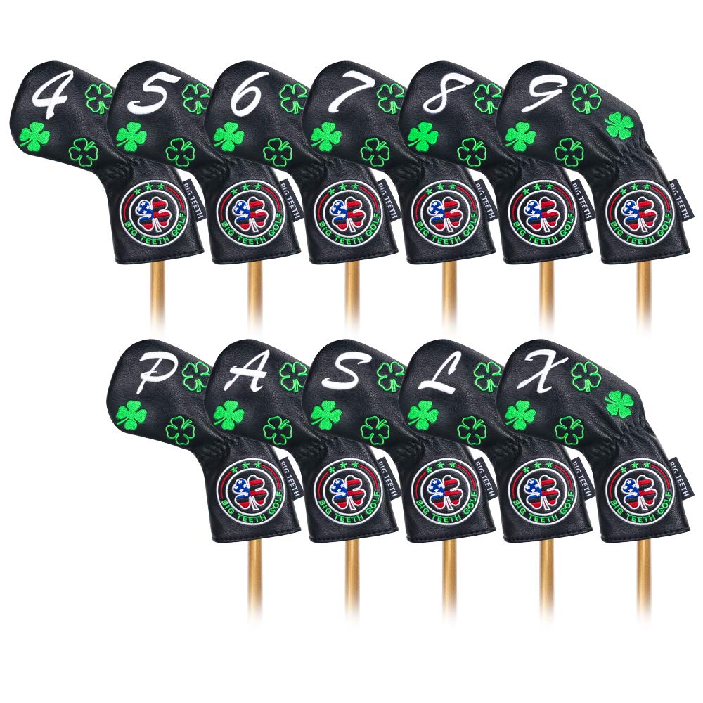 Big Teeth Golf Iron Headcover Set (11 Pieces: 4-9, P, A, S, L, X) with Embroidered Numbers, Long Neck, Elastic Closure, Clover Embroidery, Synthetic L
