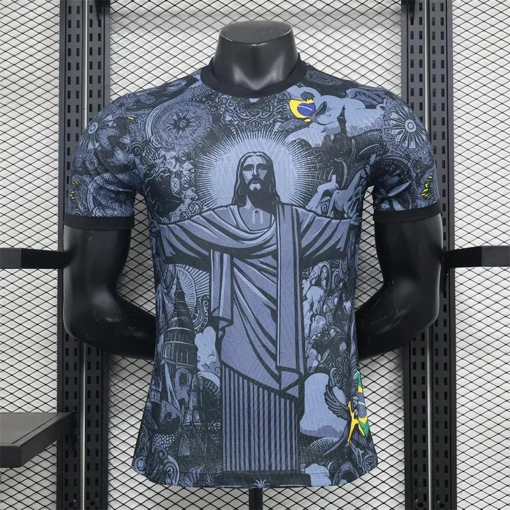 ETST35 2026 Zomer Brazili&euml; Speciale Editie Jezus Zwart Grijs Voetbalshirt Ademend Sneldrogend Ronde Hals Korte Mouw T-shirt M