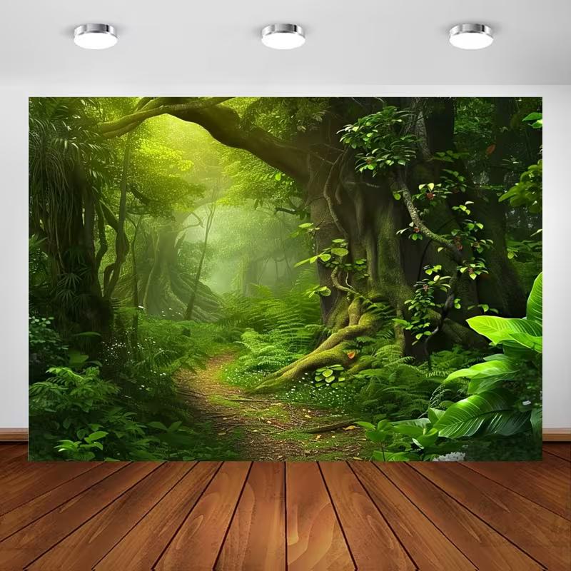 2D Mystical Forest Tapestry Jungle Trail with Giant Roots, Tropical Plants and Soft Light Wall Art 47.2x31.5inch/120*80cm