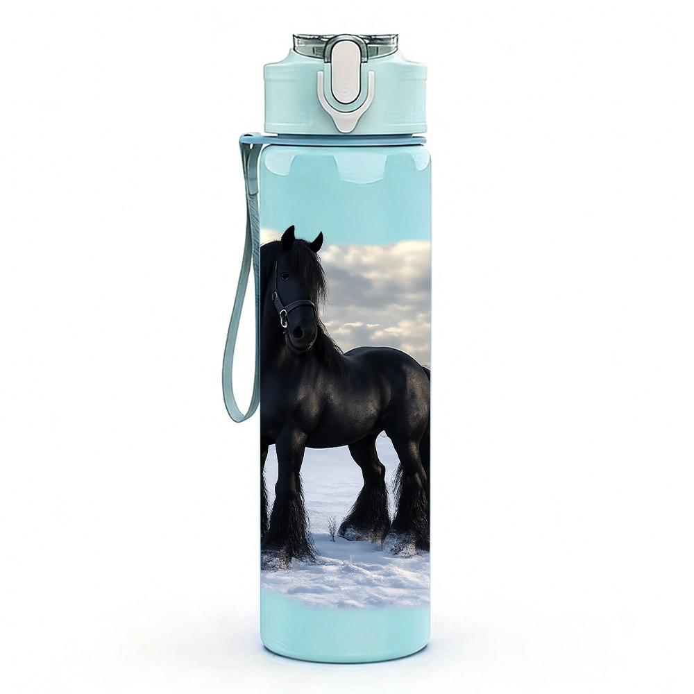 1PC Black Horse Snow Winter Scene Print 750ml Color Plastic Sports Water Bottle Leakproof Flip Straw Lid Suitable for Sports Office Home Use