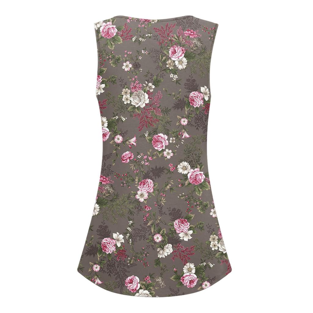 Ladies Casual Plus Size Loose Tank Top Flower Print Sleeveless Pleated T-Shirt