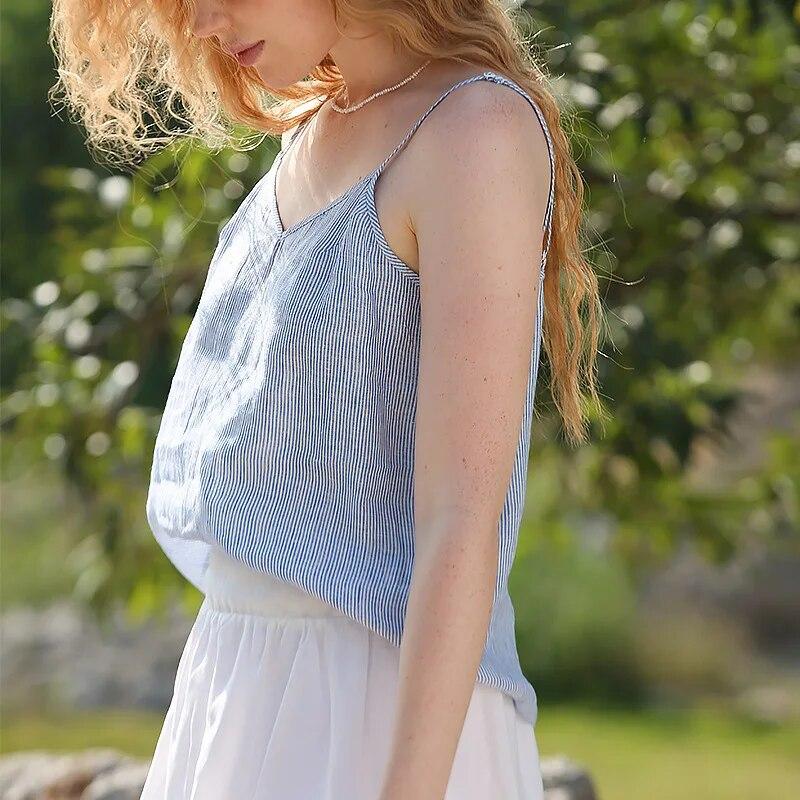 Suspender French Lazy Feeling Sky Blue Striped Vest Women V-neck Loose Sleeveless Tops Summer