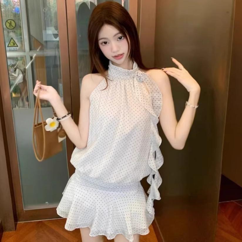 French Atmosphere Polka Dot Dress Women's Summer New Sleeveless Neck Short Skirt Temperament Spice Girl Slim Fit Skirt