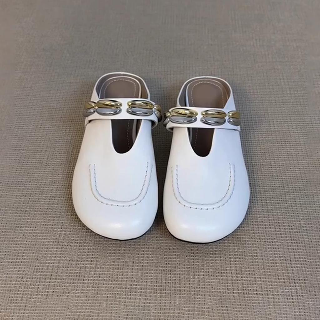 Fashion Slippers Women's 2025 New Leather Round Head Half-drag Sandals Womens Retro Metal One-word Strap Low-heeled Bag Head Shoes Women