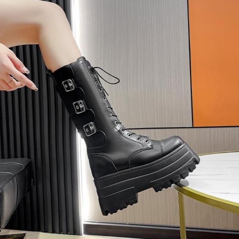 Fashion 2025 New 9cm Fashion Brand Autumn Winter Women's Shoes Chunky High Heels Thick Platform Black Punk Casual Knee High Boots