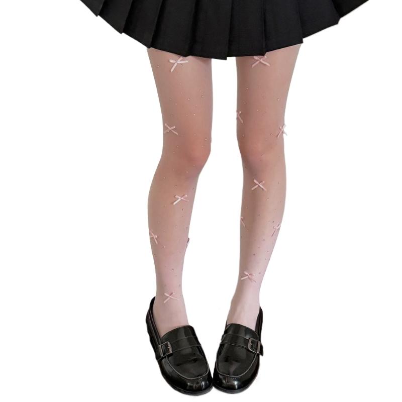 Aesthetic Sparkly Rhinestones Bowknot Sheer Pantyhose Stockings Women Thin See Through Silky Tights Shimmering Leggings