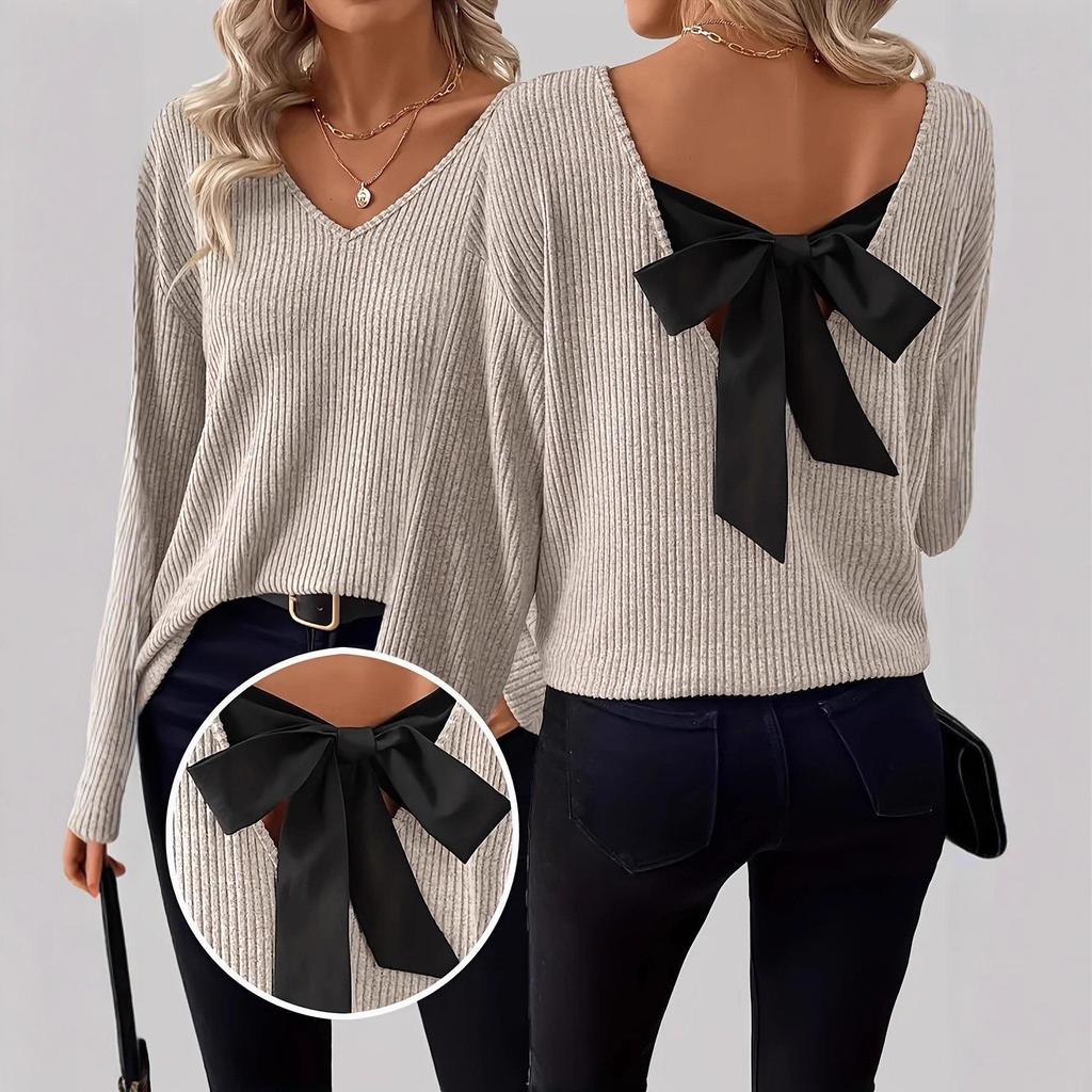 Women's V-Neck Solid Sweater with Bow - Autumn Long Sleeve Loose Fit