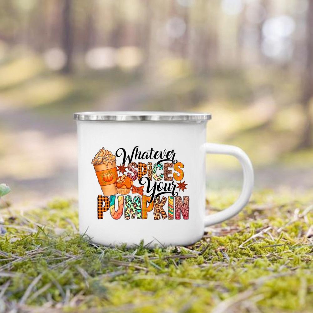 Hello Pumpkin Print Enamel Mugs Coffee Cups Fall Thanksgiving Party Juice Mug Handle Cup Autumn Holiday Gifts for Family Friends