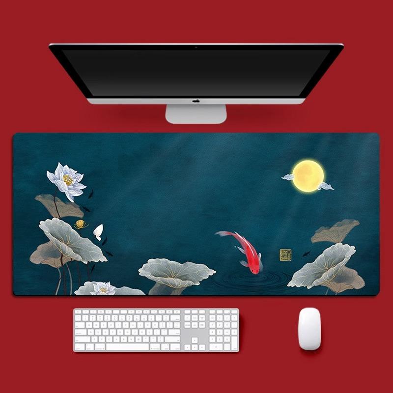 Chinese Style Golden Koi Lotus Art Large Antislip Desktop Mouse PadWaterproof Keyboard Pad for Home Office Decor