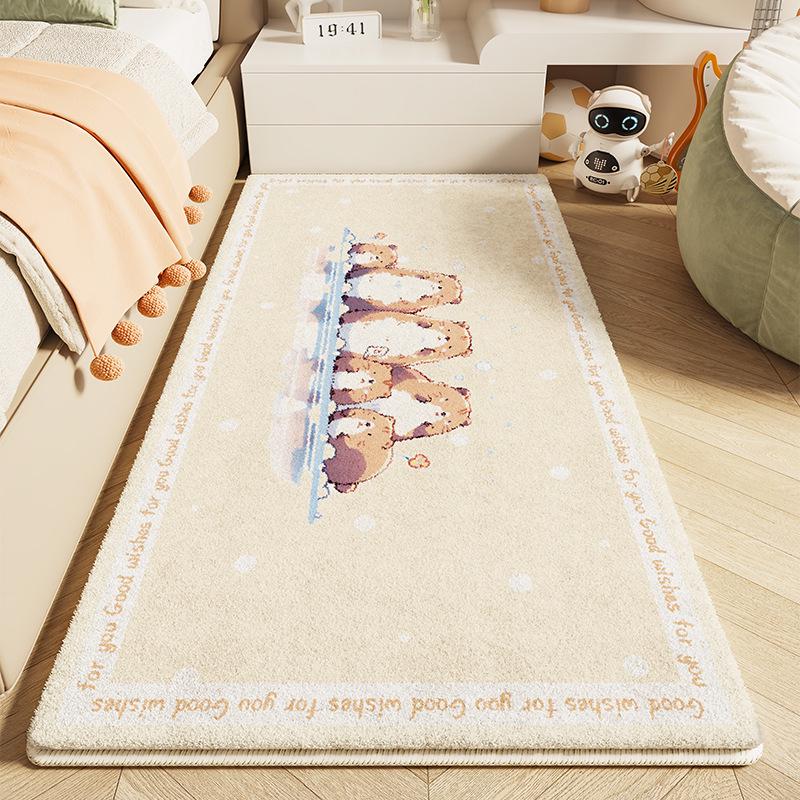 Dětský kreslený plyšový kobereček k posteli - Umělý kašmír, Roztomilá a zesílená podlahová rohož do dívčího pokoje.
