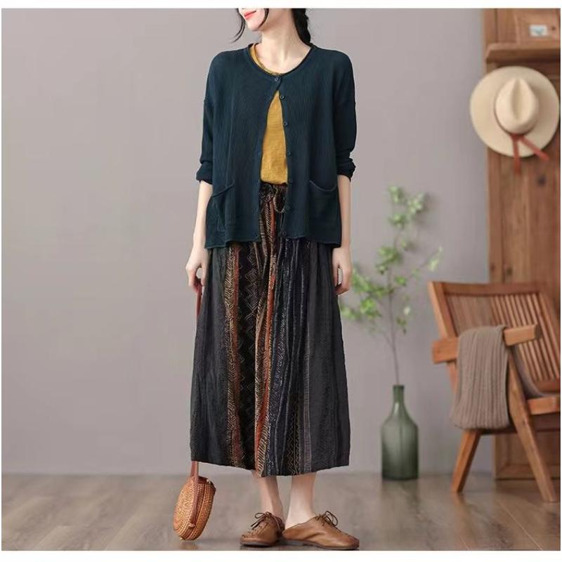 Damen Vintage Print Langer Rock Elastische Taille A-Linie Fließend Boho Lässig Midi Rock