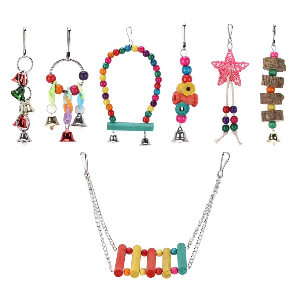 7 Stück Vogelspielzeug Set Vogekäfig Schaukel Kauspielzeug Glockenring Spielzeug Set Papagei Hängespielzeug Set