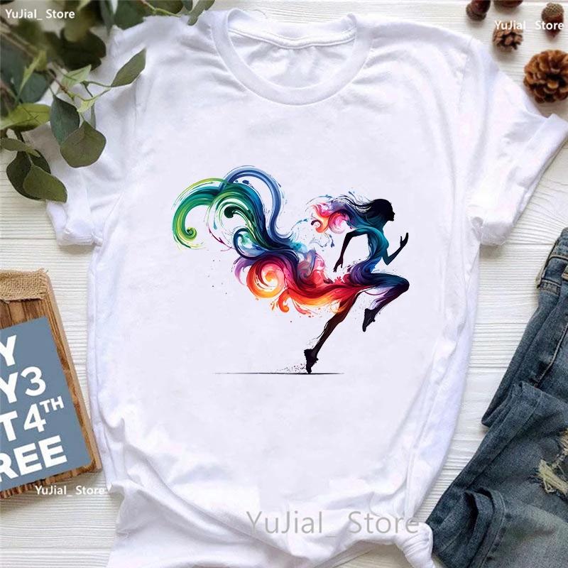 Colorful Running Girl Printed T Shirt Unisex Clothes 2024 Summer Fashion Tops Tee Shirt Femme Love Sports Tshirt Female