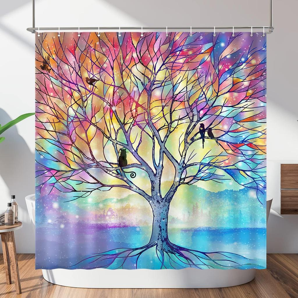 Purple Violet & Teal Floral Shower Curtain – Retro Natural Waterproof Polyester Bathroom Decor With 12 Hooks, Lavender Design