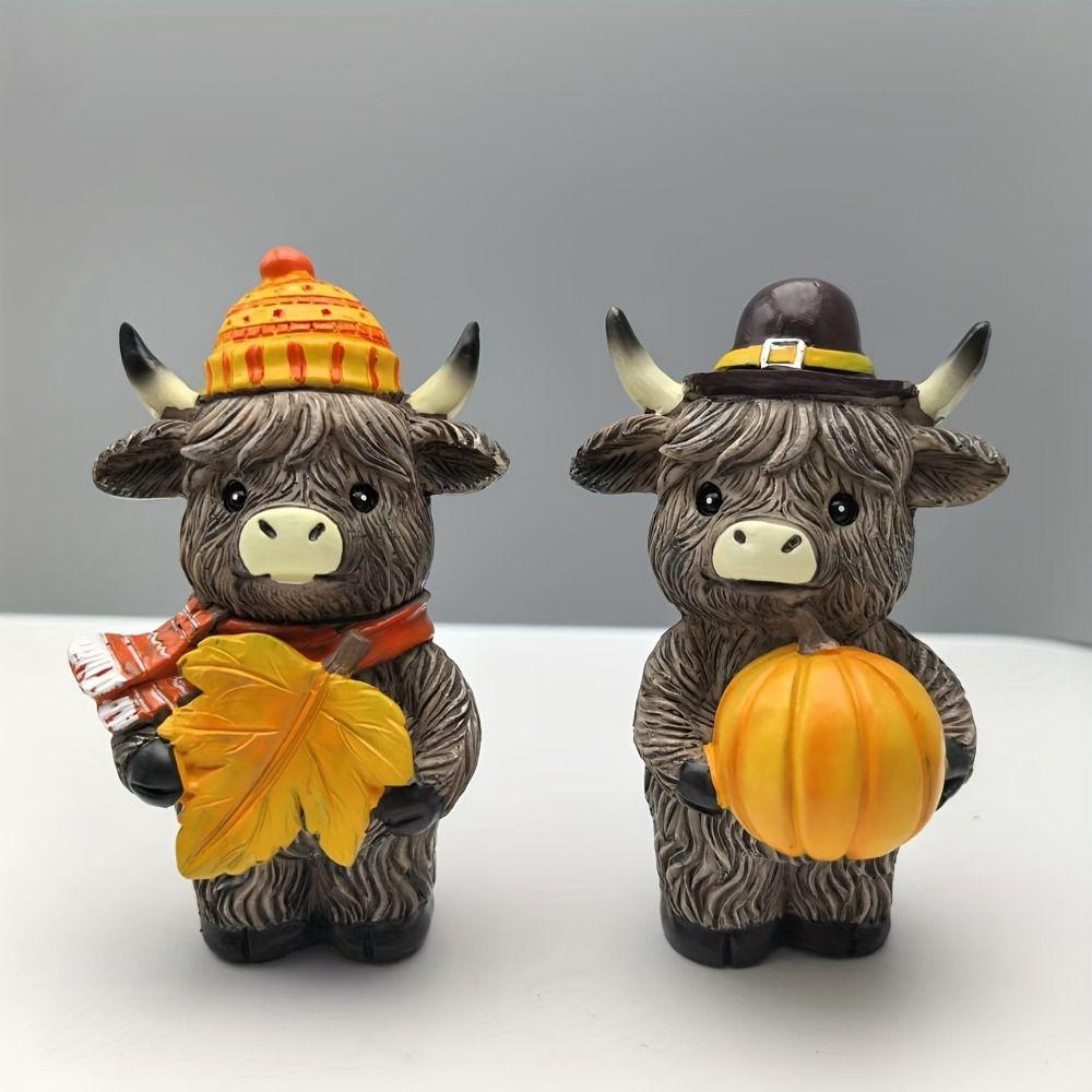 2pcs Cute Highland Cattle Ornament Resin Animal Figurine Sculpture Home Decor Cow Statue  Farmhouse