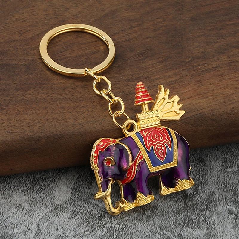 Thailand Elephant Keychain 6 Colors Drip Glue National Features Round Ring Pendant Handbag Car Key Decoration Couple Gift