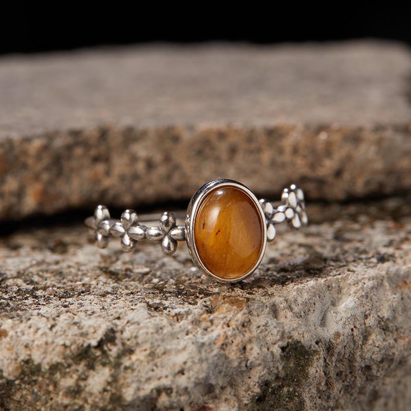 

S925 Sterling Silver Natural Blue Gold Jasper Tiger Eye Treasure Ring Women S Four Leaf Ring Open Ring Xiaohongshu