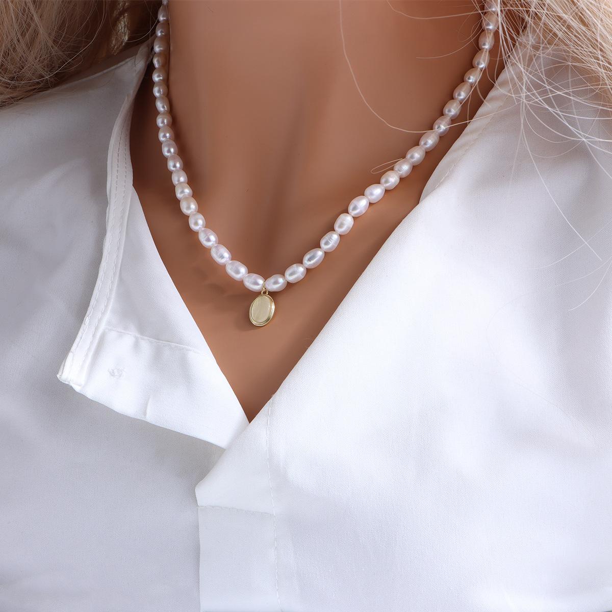Vintage freshwater pearl necklace Dongdaemun opal pendant neck chain collarbone chain necklace