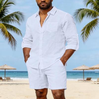 Men Long Sleeve Shirt Turndown Collar Button-Down Shirt Loose Fit Solid Color Shirt for Summer Beach Vacation Travel