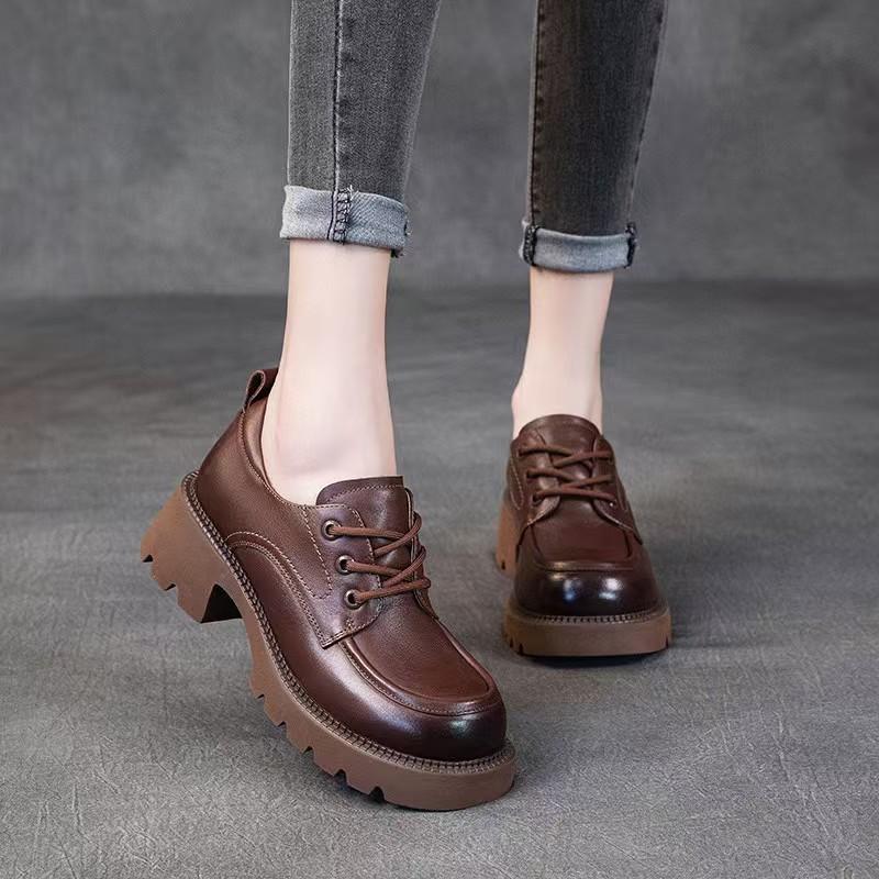 New first-layer cowhide small leather shoes women's thick heel retro lace-up casual shoes medium heel four-season single shoes