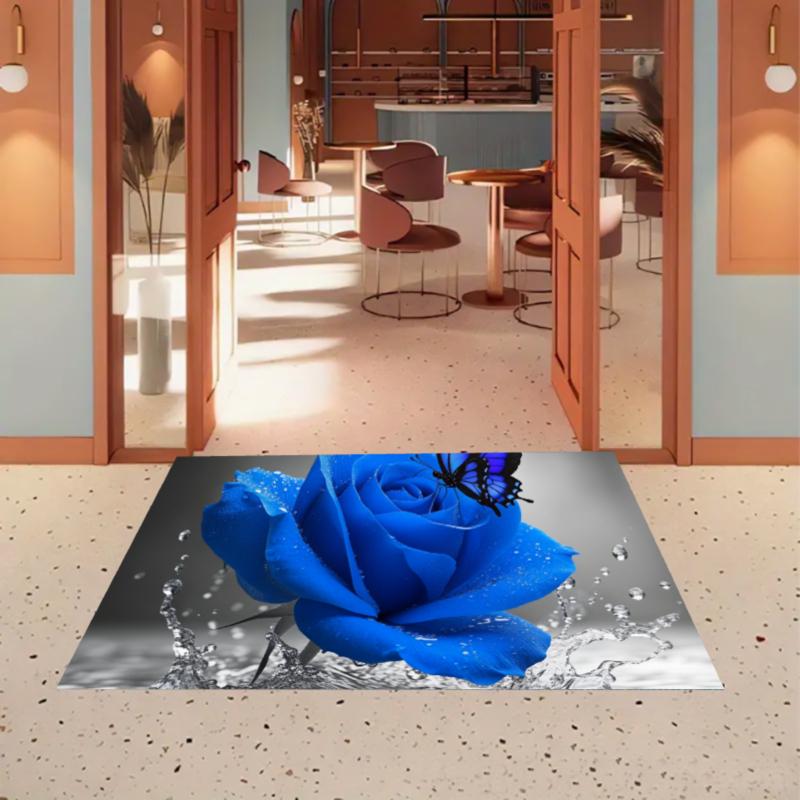 Blue Rose Rug Butterfly Floral Entryway Doormat NonSlip Easy Clean Elegant Decor Carpet for Living Room Bedroom Pet Friendly
