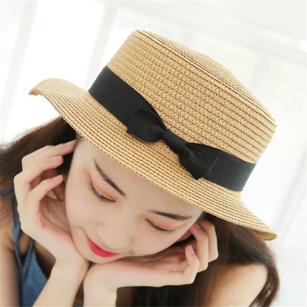 For Women Girls Flat Brim Bowknot Breathable Sun Hat Beach Hat Panama Straw Cap