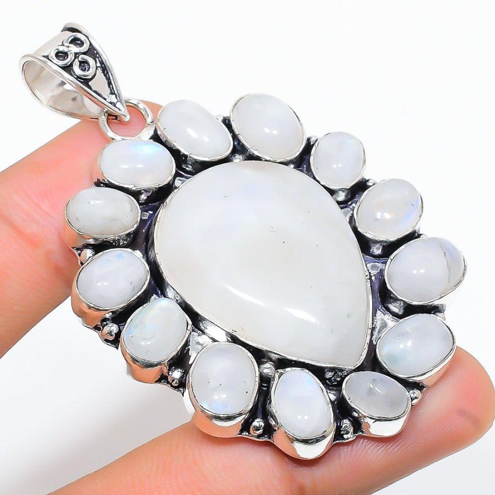 Natürlicher Regenbogen-Mondstein-Edelstein-Anhänger aus 925er Sterlingsilber, 6,5 cm, g2H40