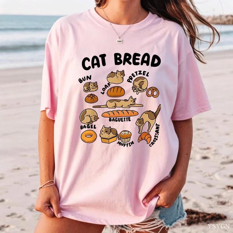 Funny Cat Bread Art Print Womens Crew Neck Short Sleeve T Shirt Cute Kitten Bakery Food Cartoon Casual Graphic Tees For Ladies