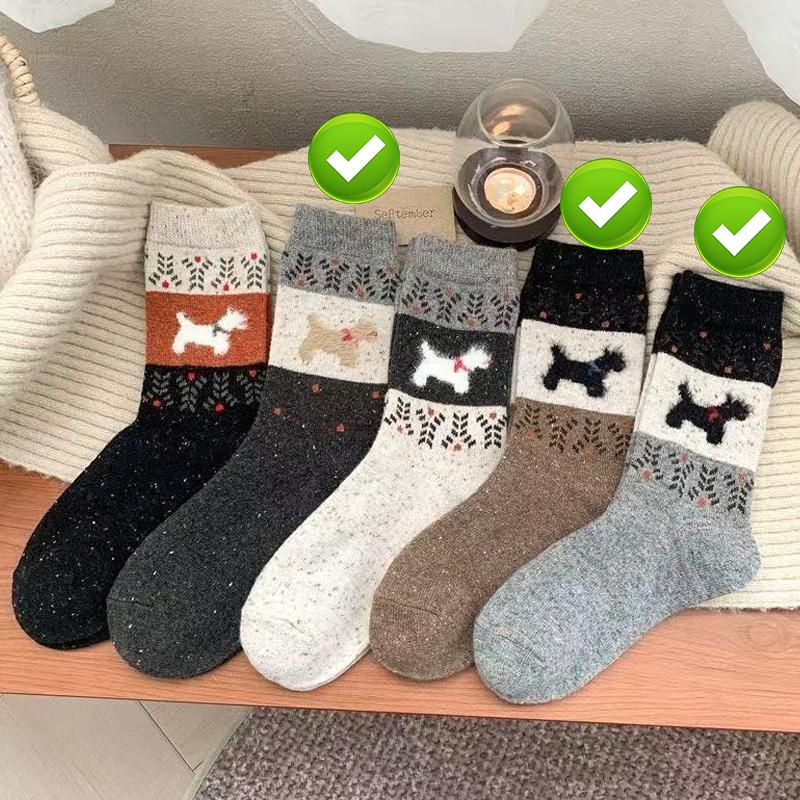1/5pairs Plush Warm Puppy Socks Women Winter Color Block Mid Calf Soft Fluffy Fabric American Retro Cartoon Design Cozy Cotton