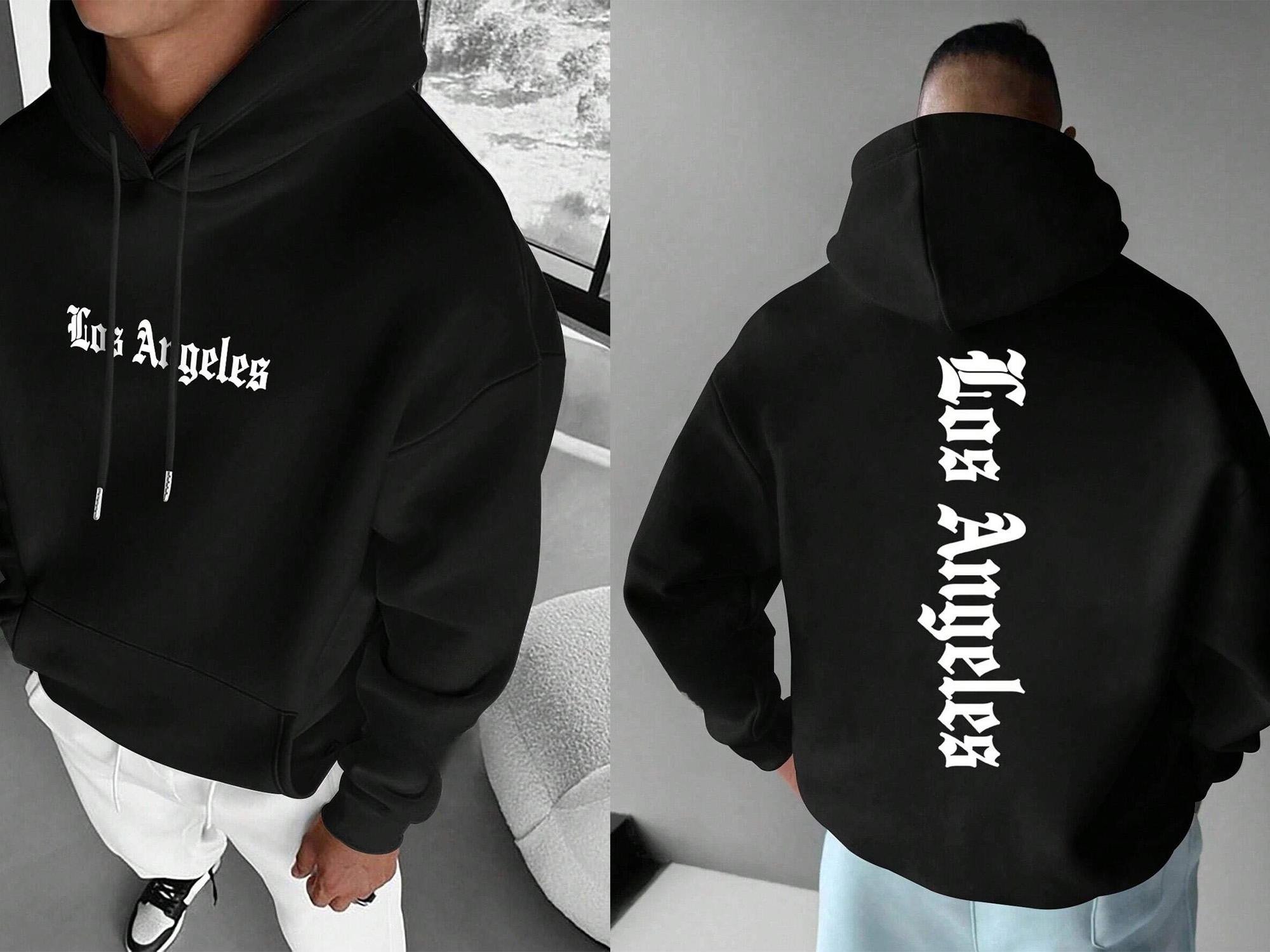 

Men Hoodie Oversized Streetwear Gothic Letter Print Los Angeles Sweatshirt Casual Pullover Black Hooded Top 3XL