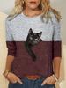 Color Block Printed Long Sleeved Casual Daily Basic Retro Round Neck 3D Cat Printed Women's T-shirts - Soft Medium Stretch Relaxed Fit Clothing