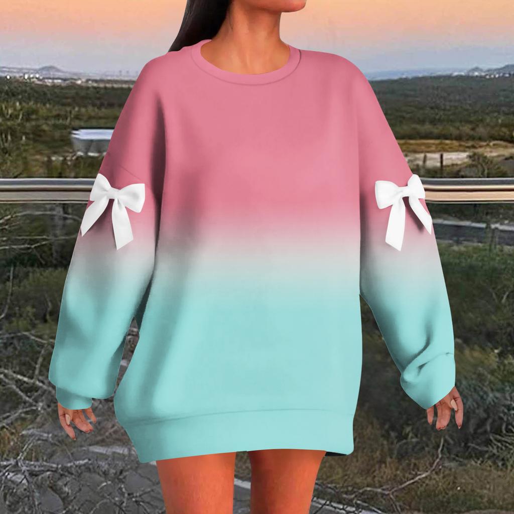 Women's Graduated Print Bow Round Neck Long Sleeve Loose Pullover Sweatshirt T-Shirt