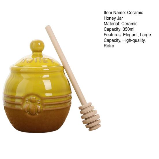 350ml Ceramic Honey Jar Farmhouse Honey Pot with Wood Honey Dipper Stick Retro