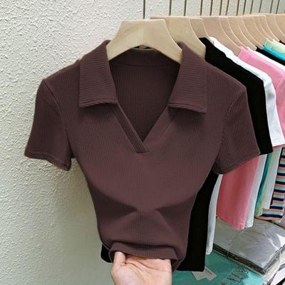 Women Polo Shirt Short Sleeved T-shirt Summer Slim V-neck Short Top