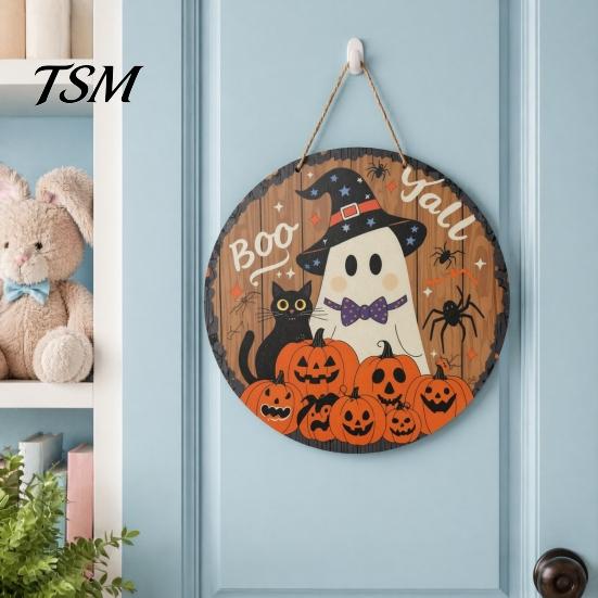 Waterproof Halloween Wall Art Boo Wood Door Hanger Sign with Cute Ghost Black Hat Pumpkin Print, Front Solid Yard Decoration Porch Decor, Round Wooden